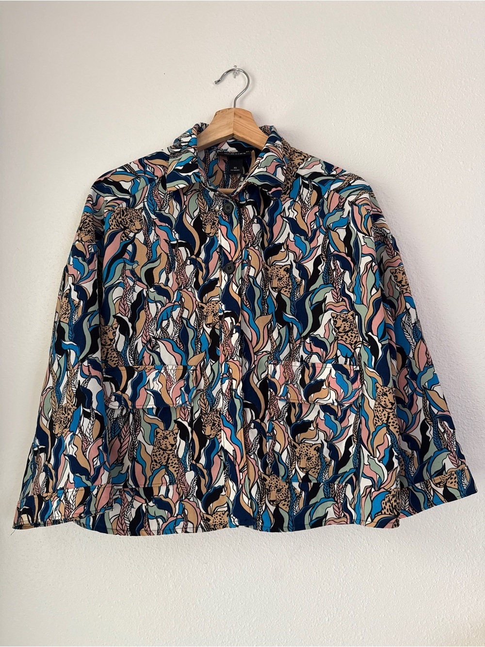 Monkl Cheetah 🐆 Leaves Blue Oversized Button Down Blouse Women XS